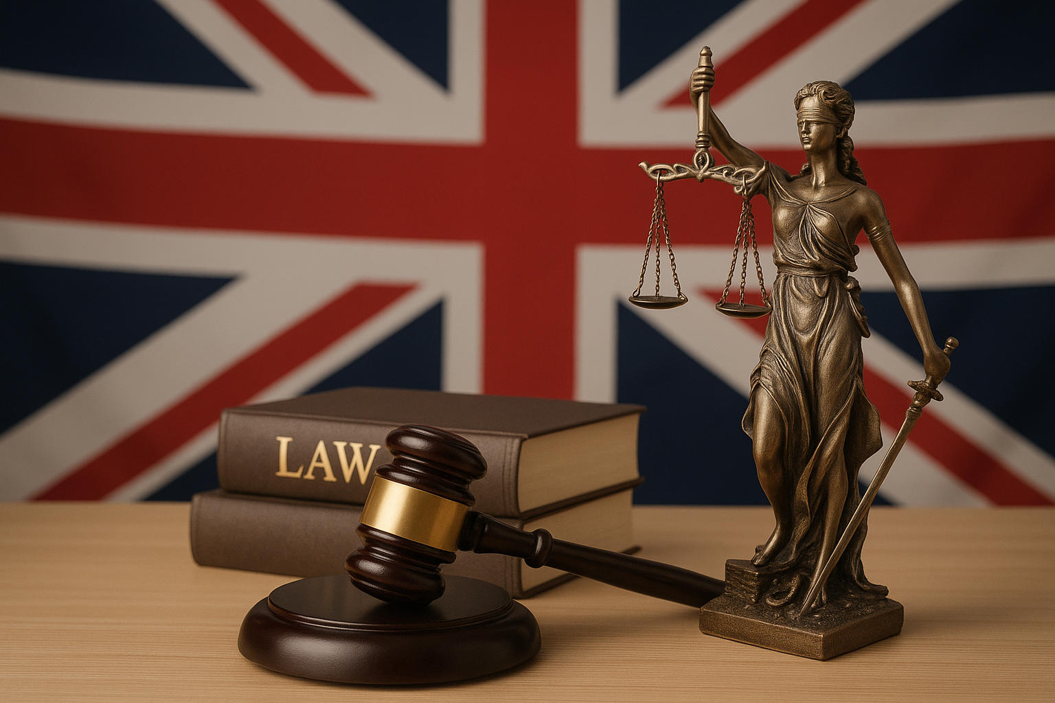 AIGI Blind Lady Justice Bronze statue and Law books, along with gavel used in courtrooms with background of British flag Union Jack
